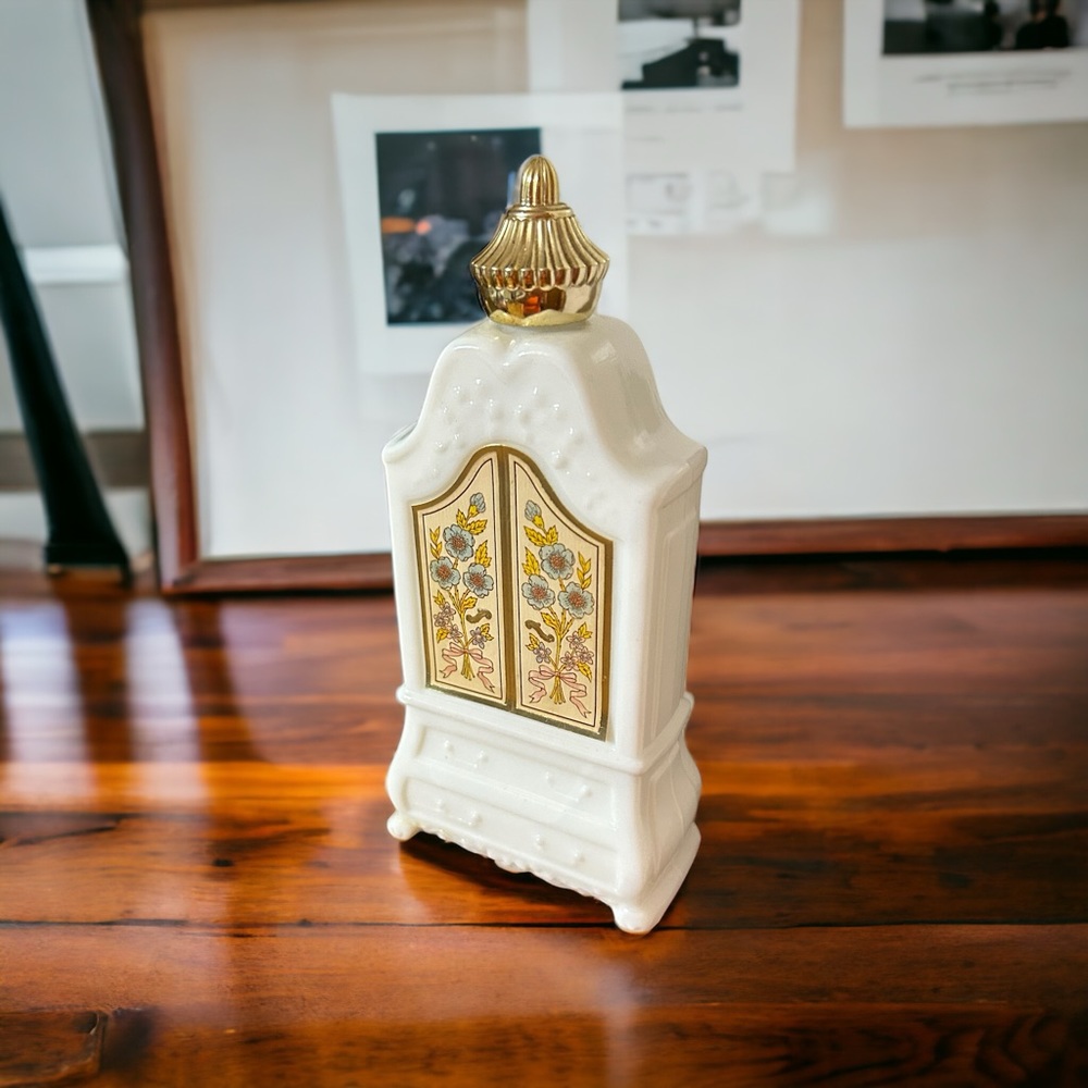 1970s Vintage AVON Field Flowers Bath Oil White Armoire Shaped Milk Glass EMPTY